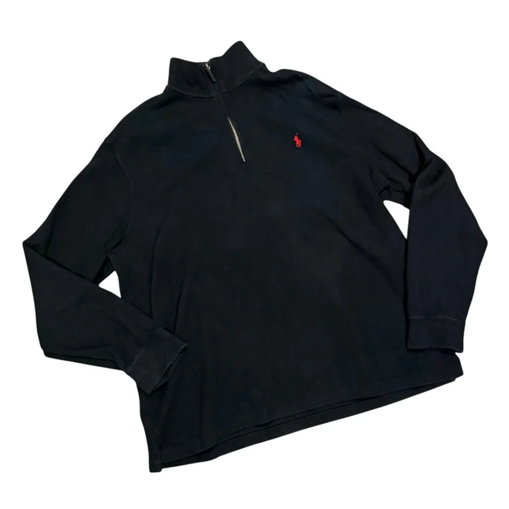 Polo Ralph Lauren Mens Quarter Zip Pullover‎ Black Red Pony Logo Sweatshirt XL
